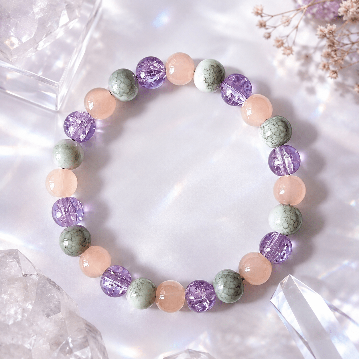 Lucky Bead Bracelet, Purple Flower & Pink Agate Design